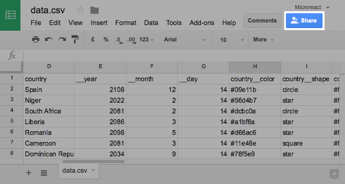 Google Sheets share button
