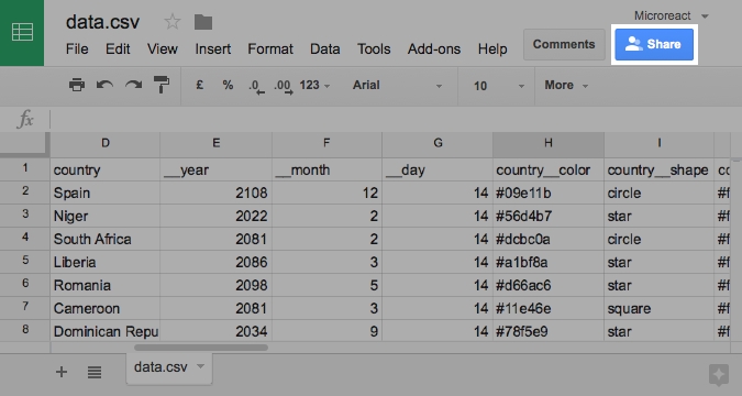 Google Sheets share button